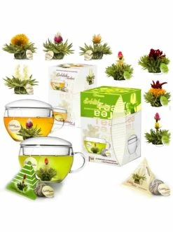 Auslauf 🌟 Kaffee- & Teegeschirr Creano 2x Teelini-Geschenkset - Grüner + Weißer Tee Mit Je 8 Teeblumen + Teeglas 200ml Günstig Kaufen ✔️